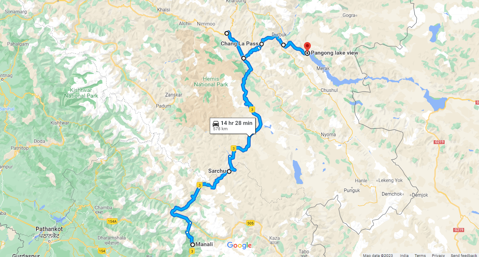 Route 3: Manali to Leh to  Pangong Lake
Manali>Sarchu>Karu>Leh>Karu>Chang La Pass>Tangtse Check Post>Pangong Lake
