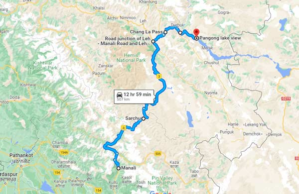 Route 2: Manali to Karu to Changla to Pangong Lake
Manali>Sarchu>Karu>Chang La Pass>Tangtse Check Post>Pangong